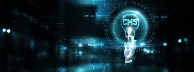 Wall Mural - cms: hands of businessman holding light bulb and cms with data network digital technology. content m