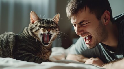 Poster - A man laying on bed with cat yawning at him, AI