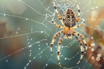 close up detailed of a garden spider on its web, with emphasis on the silk threads and the spider s intricate patterns, garden setting with morning dew on the web, soft