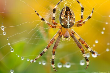 close up detailed of a garden spider on its web, with emphasis on the silk threads and the spider s 