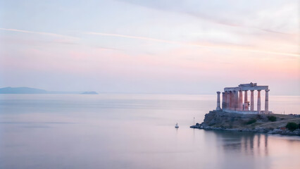 Wall Mural - Ancient Greek temple ruins set on a cliff overlooking the ocean at sunrise. The temple is partially collapsed, with broken columns and overgrown vegetation. The sky is a soft pink, and the sea below i