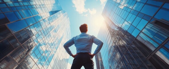 Wall Mural - A businessman stands in front of modern skyscrapers, hands on his hips, gazing up at the sky The blue sky, bright sun, and light reflections on the glass buildings Generative AI