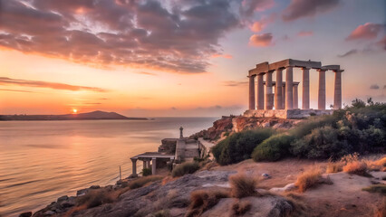 Wall Mural - Ancient Greek temple ruins set on a cliff overlooking the ocean at sunrise. The temple is partially collapsed, with broken columns and overgrown vegetation. The sky is a soft pink, and the sea below i