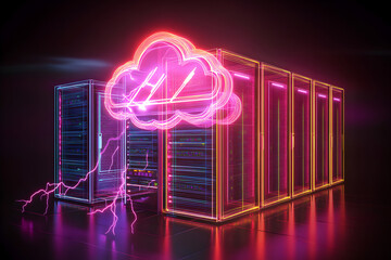 Wall Mural - Neon wireframe cloud servers with lightning bolts isolated on black background.