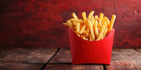 Crispy golden French fries in a red paper box, scattered spices on a rustic surface.