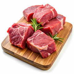 pieces of raw sirloin meat on a chopping board isolated