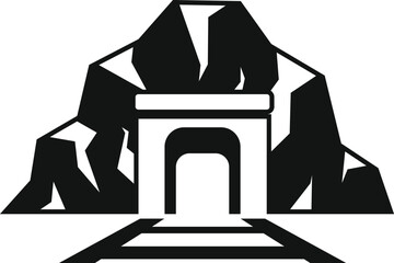 Sticker - Black and white vector illustration of train tracks leading to the entrance of a mining tunnel under a mountain