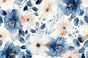 Sticker - A painting of a field of flowers with blue and pink hues, generative ai image