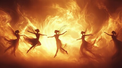 Poster -   Three women dance, arms raised, legs extended, in front of a fiery sky