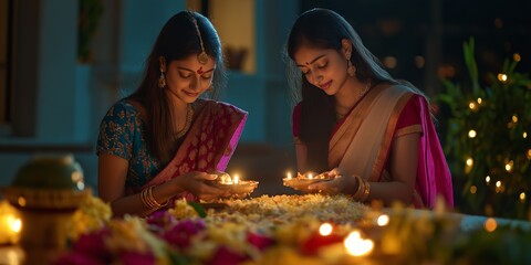 Two women are lighting candles in a room. Scene is festive and celebratory