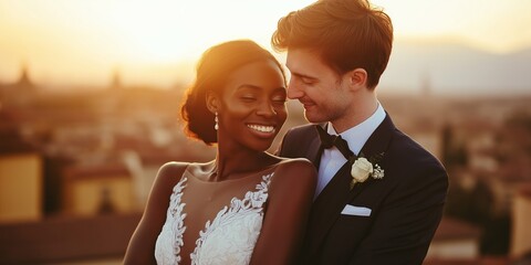 Wall Mural - A bride and groom are embracing each other on a rooftop. The bride is wearing a white dress and the groom is wearing a black suit. The sun is setting in the background, creating a warm