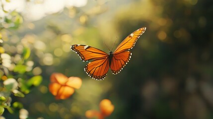 Poster -   A close-up of a butterfly flying in the air against a blurred background of trees and bushes