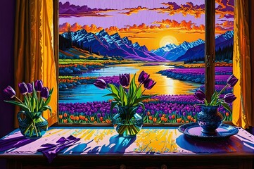 A painting of a mountain valley with a river and a field of purple flowers