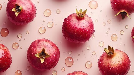 Sticker -  Pomegranates sit on a pink surface with droplets of water