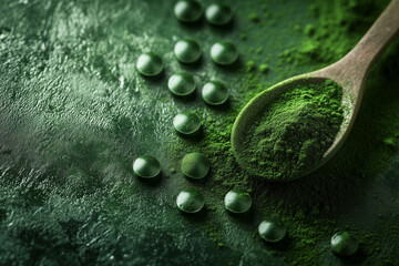 Green powder pigment and spoon, tablets and pills. Heap of chlorella or spirulina algae, chlorophyll or matcha, on light background. Superfood concept powder.