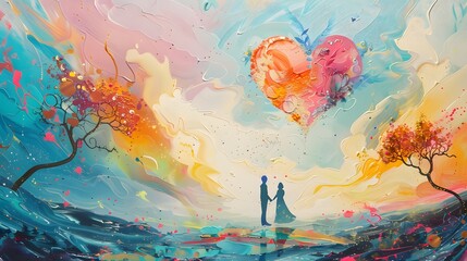 couple standing beneath a heart shaped cloud in a colorful dreamlike landscape