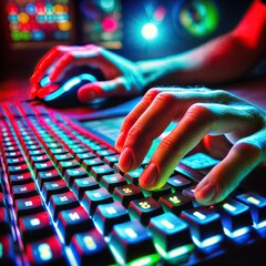 Hands typing on colorful backlit mechanical keyboard in dark, high-tech gaming environment