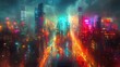 © tanapat - Futuristic cityscape with vibrant neon lights and towering skyscrapers.