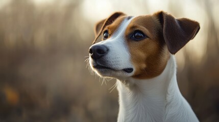 Wall Mural - A brown and white dog with a big smile looking off into the distance, AI