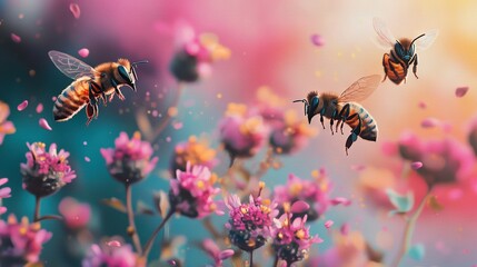 Canvas Print -   Two bees fly in a field of pink flowers against a blue sky