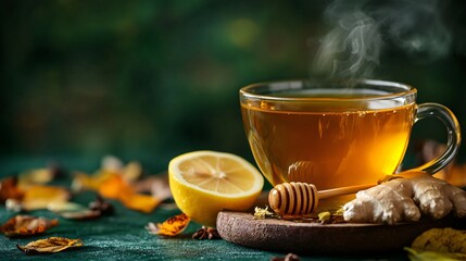 A cup of steaming hot ginger tea with lemon and honey, on a deep forest green background with subtle autumn foliage