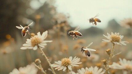 Wall Mural -   A swarm of bees buzzing over a daisy field with a hazy sky in the backdrop