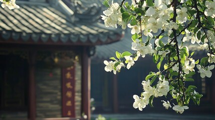 Poster -   A close-up of a tree with white flowers in front of a building with a pagoda in the background