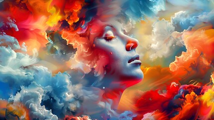 Woman Surrounded by Vibrant Clouds in a Dreamlike Landscape