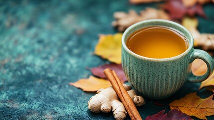 A mug of ginger and honey tea with a cinnamon stick, on a dark forest green background with subtle autumn foliage