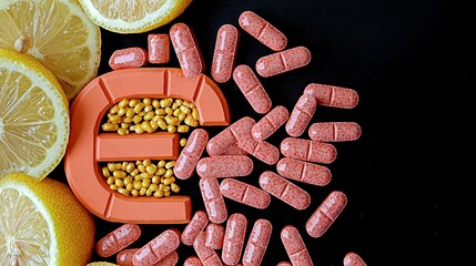 Sticker -   A pile of pills sits beside sliced lemons and oranges on a black surface, labeled vitamin