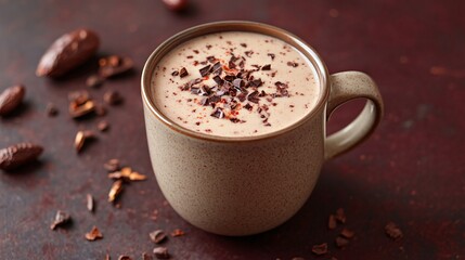 A mug of spiced hot chocolate with chili flakes, on a deep maroon background with scattered cocoa beans