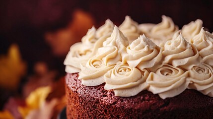 A pumpkin spice cake topped with cream cheese frosting, set against a deep burgundy background with golden autumn leaves