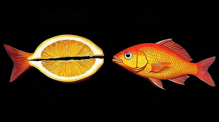   An image of a fish with a slice of lemon beside it and an orange on the other side