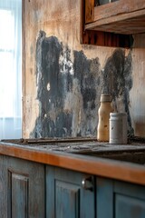 Mold Insulation. Black Mold Damage Found Behind Cabinet in Damp Home Repair