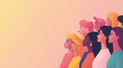 Vector flat horizontal banner for International Women's Day, women of different nationalities stand side by side together. generative ai