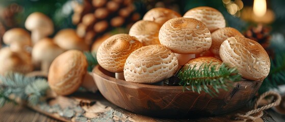 Fresh, organic mushrooms in a rustic wooden bowl with evergreen branches, perfect for natural cooking. Free copy space for text.