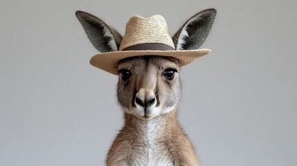 Wall Mural - kangaroo with hat on head and white wall backdrop