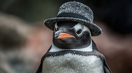 Canvas Print -   A monochromatic penguin dons a black hat and coat, completing its attire with another black hat