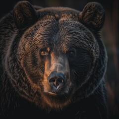 Wall Mural - close up majestic grizzly bear with a rich, glossy coat and expressive eyes, softly blurred wilderness, soft, natural creating a gentle glow on the bear s fur, early