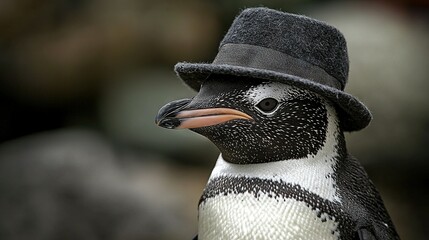 Poster -   A close-up of a black-hat-wearing penguin with a black and white counterpart featuring a black beak