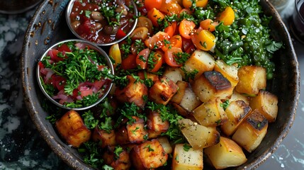 Wall Mural - A bowl of food with a variety of vegetables and potatoes