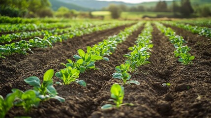 Weeding beds with agricultura plants growing in the garden. Weed control in the garden. Cultivated land close-up. Agricultural work on the plantation.generative ai