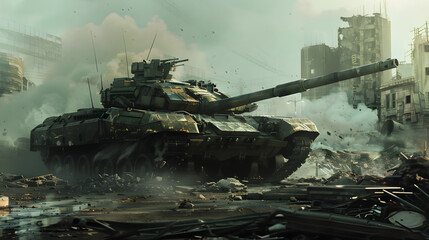 Majestic Modern Battle Tank in a War-Torn Landscape with Detailed Armor and Cannon amidst Smoke and Debris