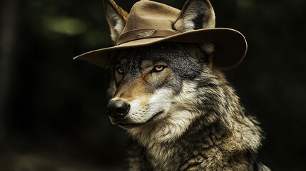 Sticker -   A wolf in a hat, set against a forest backdrop