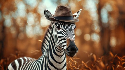 Poster -   A zebra wearing a hat stands amidst tall grass and trees in a field