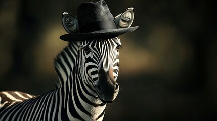 Sticker -   Zebra wearing hat posing before monochrome tree picture