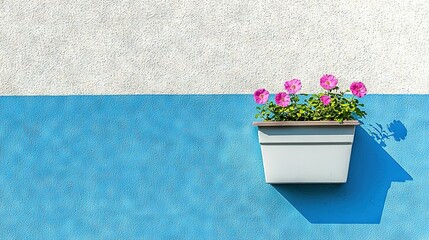 Sticker -  Blue & white wall with potted pink flowers + shadow cast ground