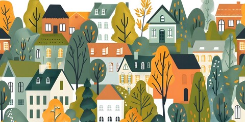 Colorful Autumn Illustration of a Small Town with Houses and Trees