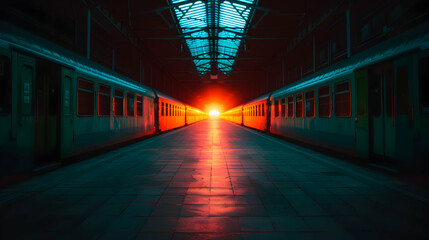 Poster - Train Station With Two Trains Parked Inside