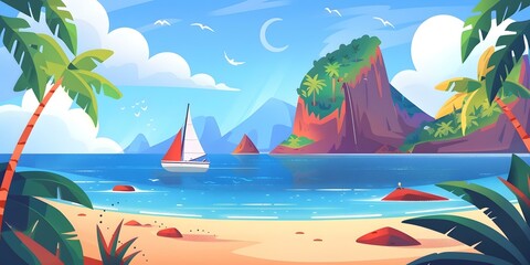 Poster - Tropical Island with Palm Trees and Sailboat